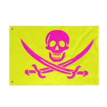 Load image into Gallery viewer, Double-Sided Neon Pirate Skull and Crossed Swords Flag With Grommets - Multiple Sizes