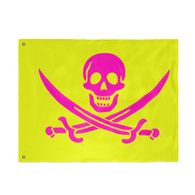Load image into Gallery viewer, Double-Sided Neon Pirate Skull and Crossed Swords Flag With Grommets - Multiple Sizes