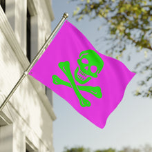 Load image into Gallery viewer, Neon Purple and Green Skull and Crossbones Double-Sided Flag with Grommets - Multiple Sizes