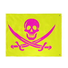 Load image into Gallery viewer, Double-Sided Neon Pirate Skull and Crossed Swords Flag With Grommets - Multiple Sizes