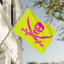 Load image into Gallery viewer, Double-Sided Neon Pirate Skull and Crossed Swords Flag With Grommets - Multiple Sizes
