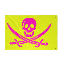 Load image into Gallery viewer, Double-Sided Neon Pirate Skull and Crossed Swords Flag With Grommets - Multiple Sizes
