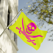 Load image into Gallery viewer, Double-Sided Neon Pirate Skull and Crossed Swords Flag With Grommets - Multiple Sizes
