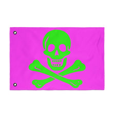 Load image into Gallery viewer, Neon Purple and Green Skull and Crossbones Double-Sided Flag with Grommets - Multiple Sizes
